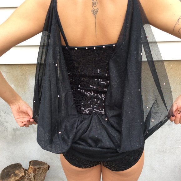 One Piece Black Leotard/Sequin Overlay with "wings" - Picture 2 of 4